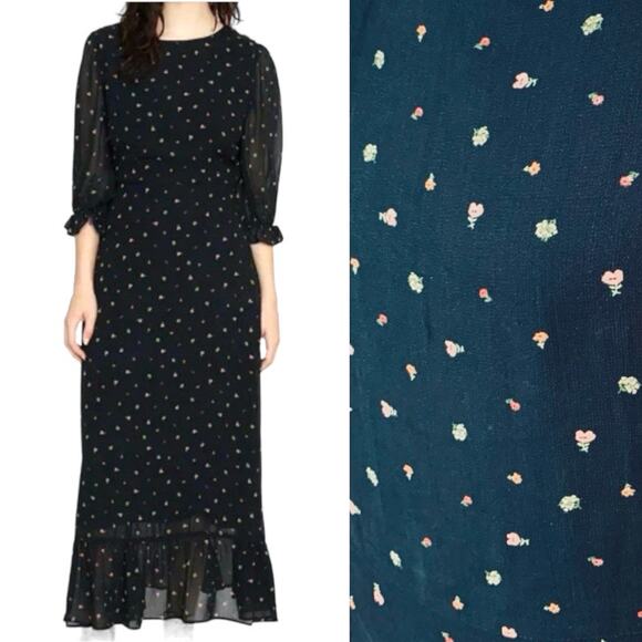 Sanctuary Dress Size 8 Dark Floral Dress Black Puff Sleeve Ruffle Hem Flowy Boho - Picture 1 of 12